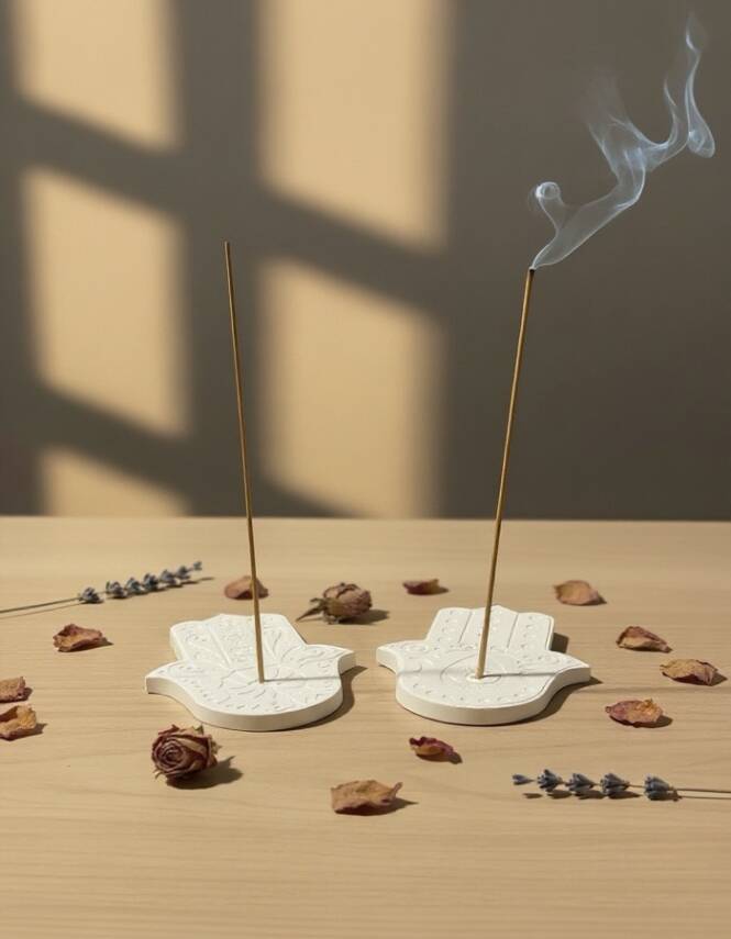 Boyanabilir Taş Tozu Hamsa (Fatma Ana Eli) Tütsülük – El Yapımı Tütsü Standı, Minimal Ev Aksesuarı - 5