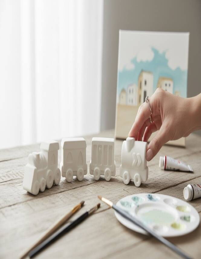 Boyanabilir Taş Tozu Tren ve Vagon Figürleri Seti – 6 Renk Boya & Fırça Dahil, El Yapımı - 2