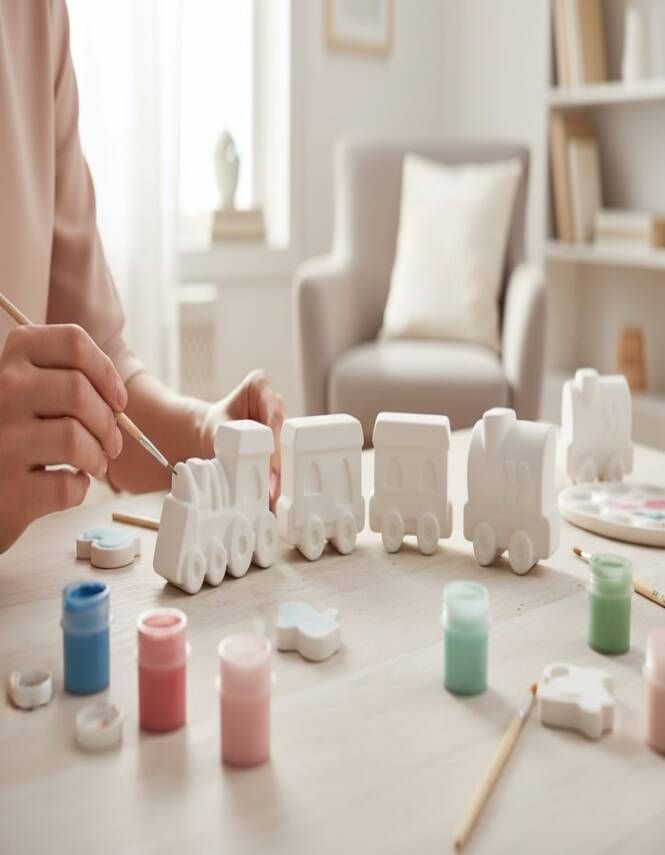 Boyanabilir Taş Tozu Tren ve Vagon Figürleri Seti – 6 Renk Boya & Fırça Dahil, El Yapımı - 4