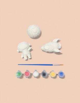 Boyanabilir Taş Tozu Uzay Figürleri Seti – Astronot, Roket ve Gezegen | 6 Renk Boya & Fırça Dahil