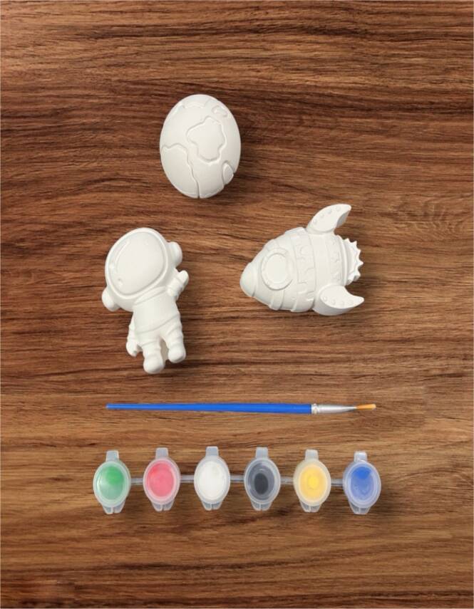 Boyanabilir Taş Tozu Uzay Figürleri Seti – Astronot, Roket ve Gezegen | 6 Renk Boya & Fırça Dahil - 4