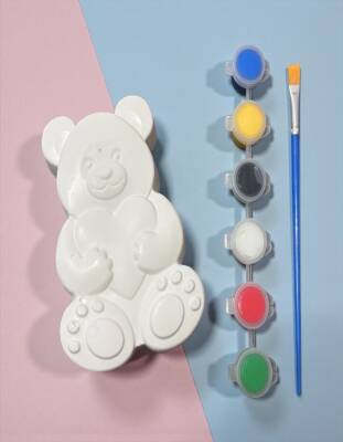 Taş Tozu El Yapımı Boyanabilir Ayıcık Figür Seti – 6 Boya + Fırça