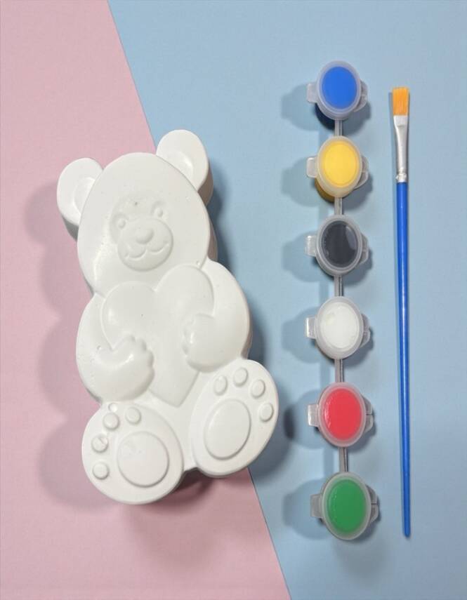 Taş Tozu El Yapımı Boyanabilir Ayıcık Figür Seti – 6 Boya + Fırça - 1