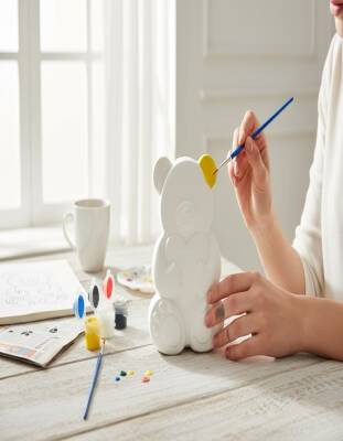 Taş Tozu El Yapımı Boyanabilir Ayıcık Figür Seti – 6 Boya + Fırça - 4