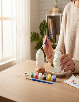 Taş Tozu El Yapımı Boyanabilir Dekoratif Küre Seti 2’li – 6 Boya + Fırça - 4