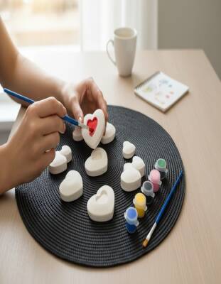 Taş Tozu Kalp Boyama Seti 8 Parça | 6 Renk Boya + Fırça El Yapımı Hobi Seti - 4