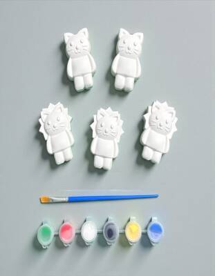 Taş Tozu Kedi Figürü Boyama Seti – 5 Adet | 6 Renk Boya & Fırça (4×7 cm) - 2