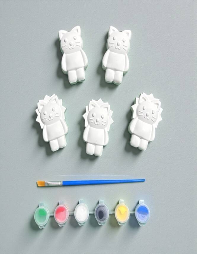 Taş Tozu Kedi Figürü Boyama Seti – 5 Adet | 6 Renk Boya & Fırça (4×7 cm) - 2