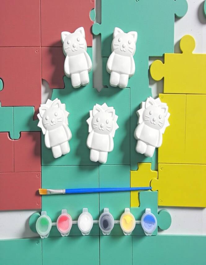 Taş Tozu Kedi Figürü Boyama Seti – 5 Adet | 6 Renk Boya & Fırça (4×7 cm) - 1
