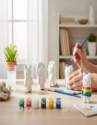 Taş Tozu Kedi Figürü Boyama Seti – 5 Adet | 6 Renk Boya & Fırça (4×7 cm) - 3