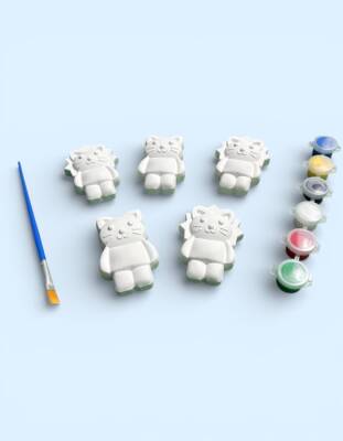 Taş Tozu Kedi Figürü Boyama Seti – 5 Adet | 6 Renk Boya & Fırça (4×7 cm) - 4