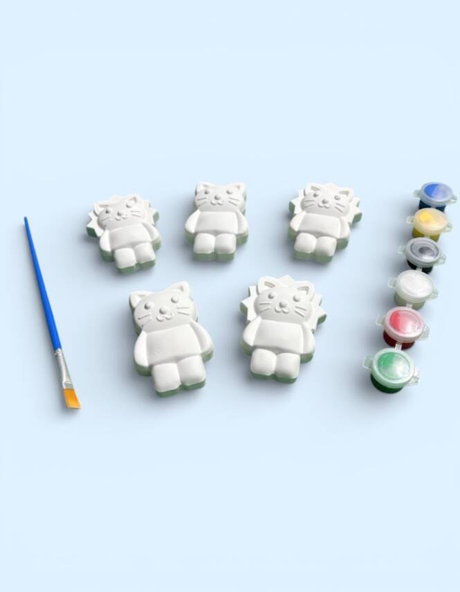 Taş Tozu Kedi Figürü Boyama Seti – 5 Adet | 6 Renk Boya & Fırça (4×7 cm) - 4