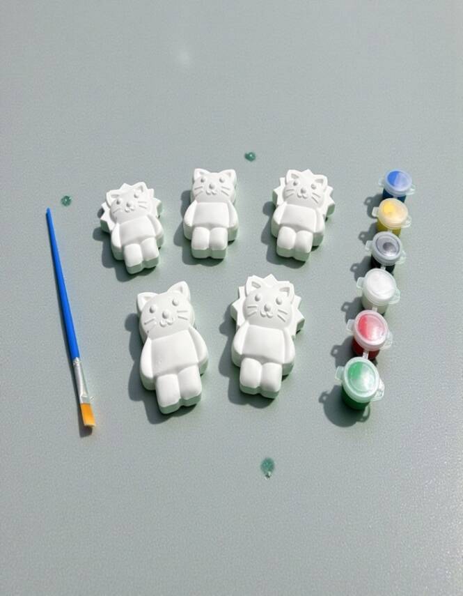 Taş Tozu Kedi Figürü Boyama Seti – 5 Adet | 6 Renk Boya & Fırça (4×7 cm) - 5