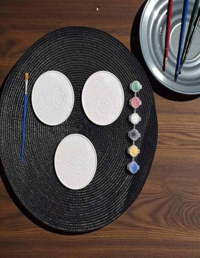 Taş Tozu Mandala Bardak Altlığı Boyama Seti 3’lü – 6 Renk Boya & Fırça | 10 cm - 5