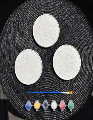 Taş Tozu Mandala Bardak Altlığı Boyama Seti 3’lü – 6 Renk Boya & Fırça | 10 cm