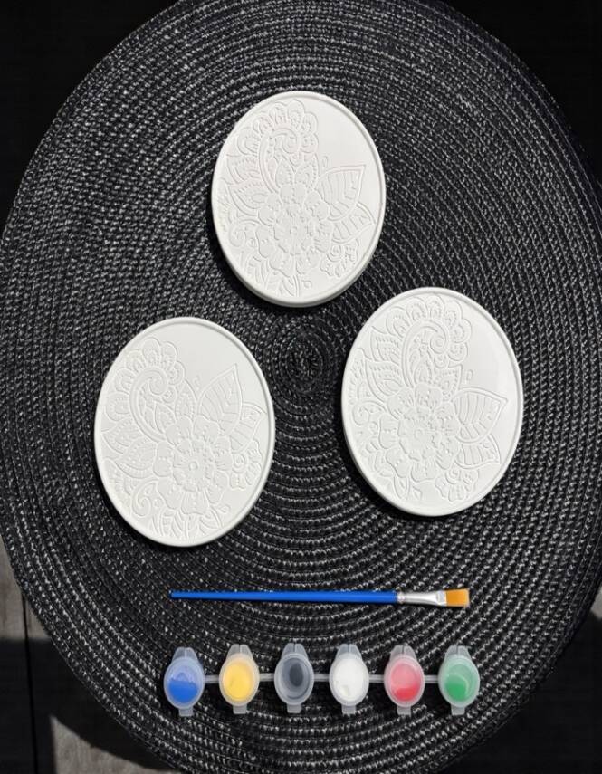 Taş Tozu Mandala Bardak Altlığı Boyama Seti 3’lü – 6 Renk Boya & Fırça | 10 cm - 1