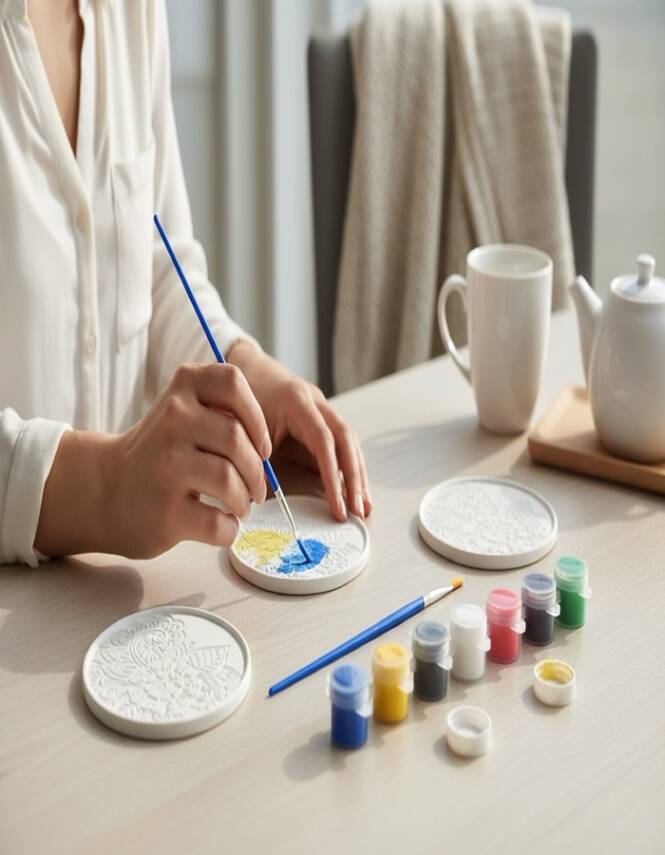 Taş Tozu Mandala Bardak Altlığı Boyama Seti 3’lü – 6 Renk Boya & Fırça | 10 cm - 2