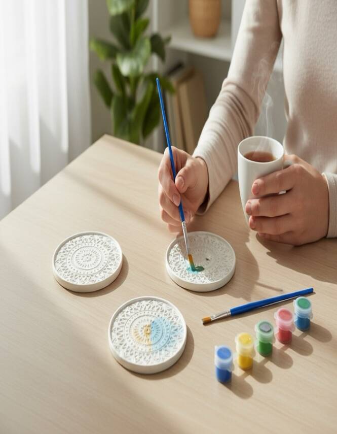 Taş Tozu Mandala Desenli Yuvarlak Boyama Seti 3’lü – 6 Renk Boya ve Fırça | 10 cm - 1