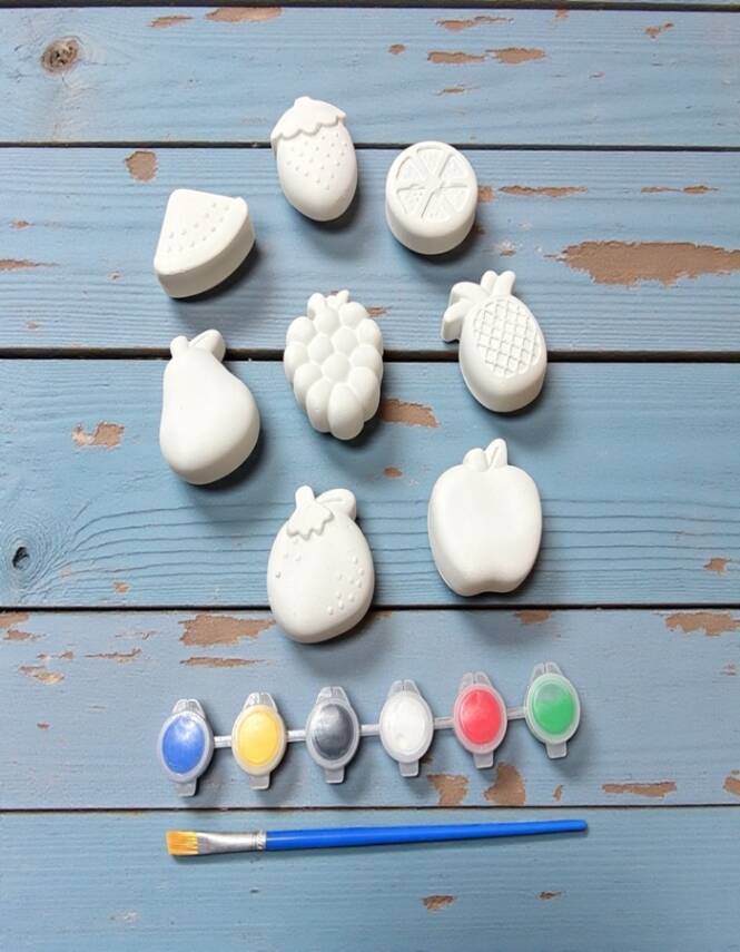 Taş Tozu Meyve Boyama Seti 8 Parça | 6 Renk Boya + Fırça El Yapımı Hobi Seti - 1