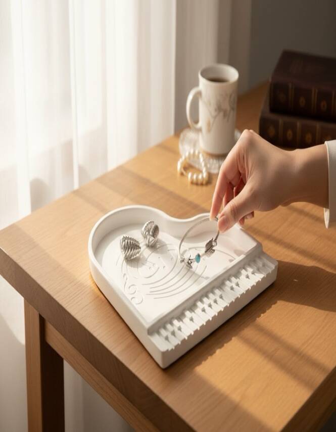 Taş Tozu Piyano Tasarımlı Takı Tepsisi | Dekoratif Takı & Aksesuar Düzenleyici (19×20 cm) - 2