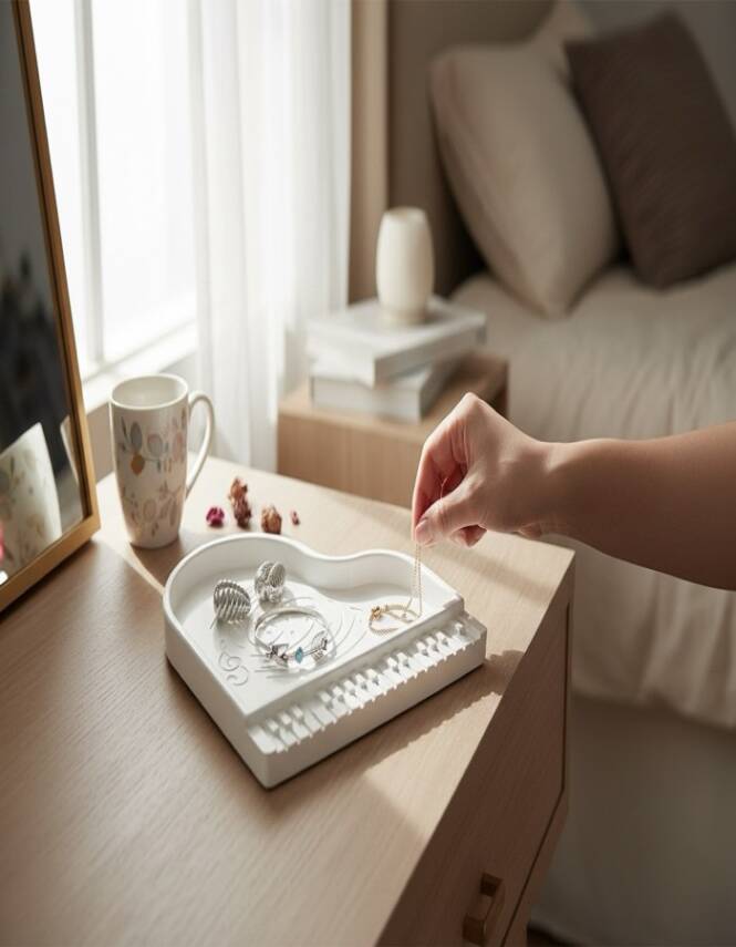 Taş Tozu Piyano Tasarımlı Takı Tepsisi | Dekoratif Takı & Aksesuar Düzenleyici (19×20 cm) - 4
