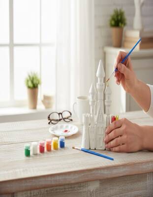 Taş Tozu Şato Boyama Seti 14 cm – 6 Renk Boya ve Fırçalı El Yapımı Dekoratif Figür - 2