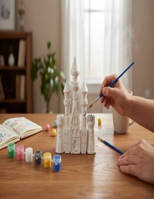 Taş Tozu Şato Boyama Seti 14 cm – 6 Renk Boya ve Fırçalı El Yapımı Dekoratif Figür - 4