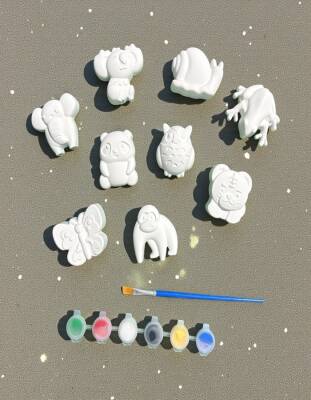 Taş Tozu Sevimli Hayvanlar Boyama Seti 9’lu – 6 Renk Boya & Fırça | Eğitici Hobi