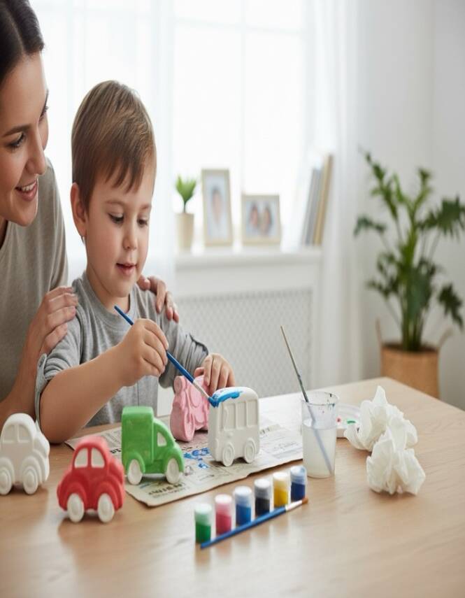 Taş Tozundan El Yapımı Araçlar Boyama Seti – 6 Renk Boya & Fırça | Çocuk Boyama Seti - 6