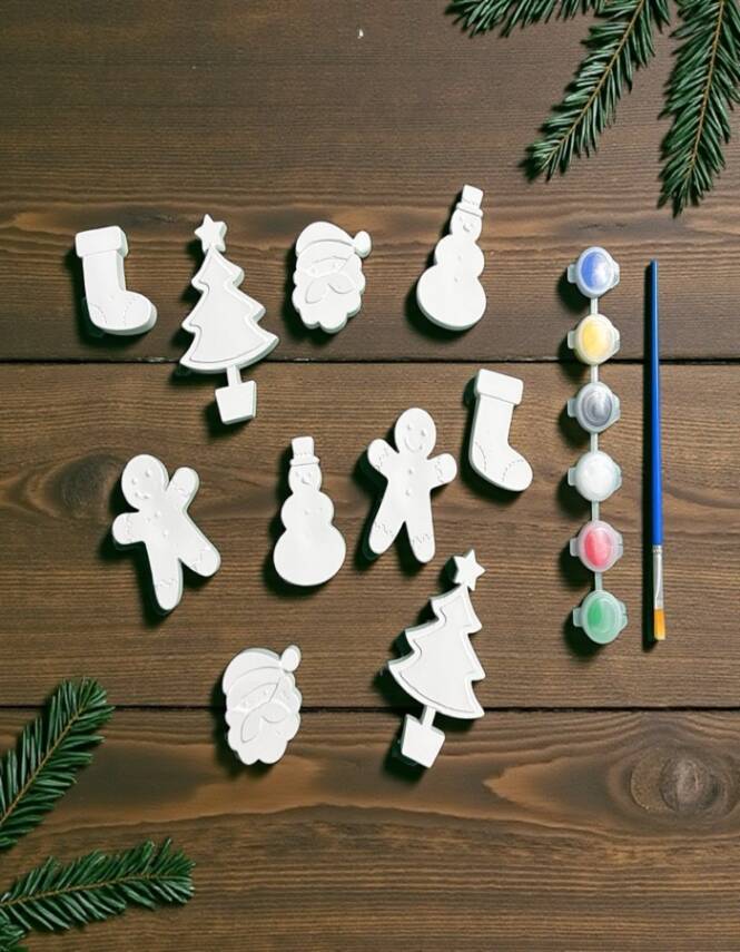 Taş Tozundan Yılbaşı Figürleri Boyama Seti – 10 Adet | 6 Renk Boya & Fırça | Çocuk Boyama Seti - 1